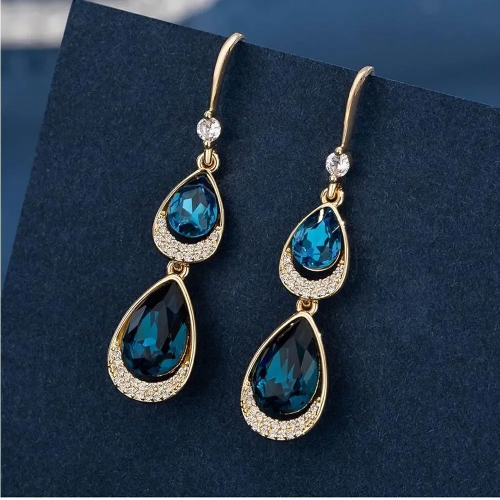 14K Yellow Gold with Blue Sapphire Austrian Crystal Double Teardrop Earrings
